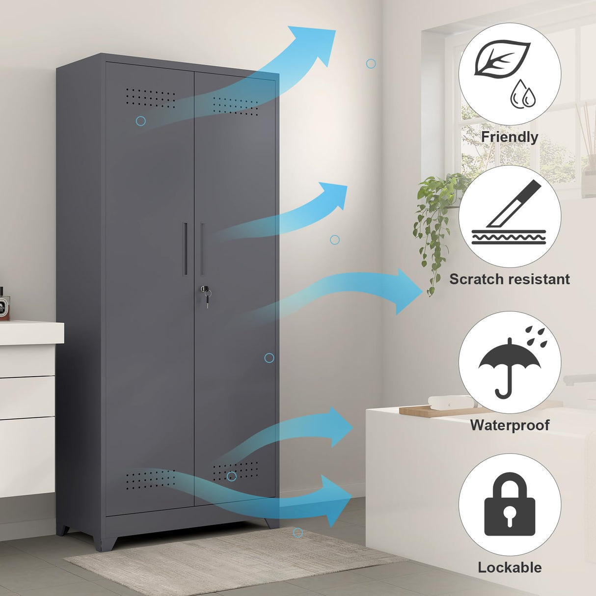 GREATMEET Broom Closet,Broom Closet Storage Cabinet,Metal Garage Storage Cabinet with Lock, Lockable Laundry Room Storage Cabinets,Utility Closet,Broom and Mop Storage Cabinet,Grey 73" H GREATMEET