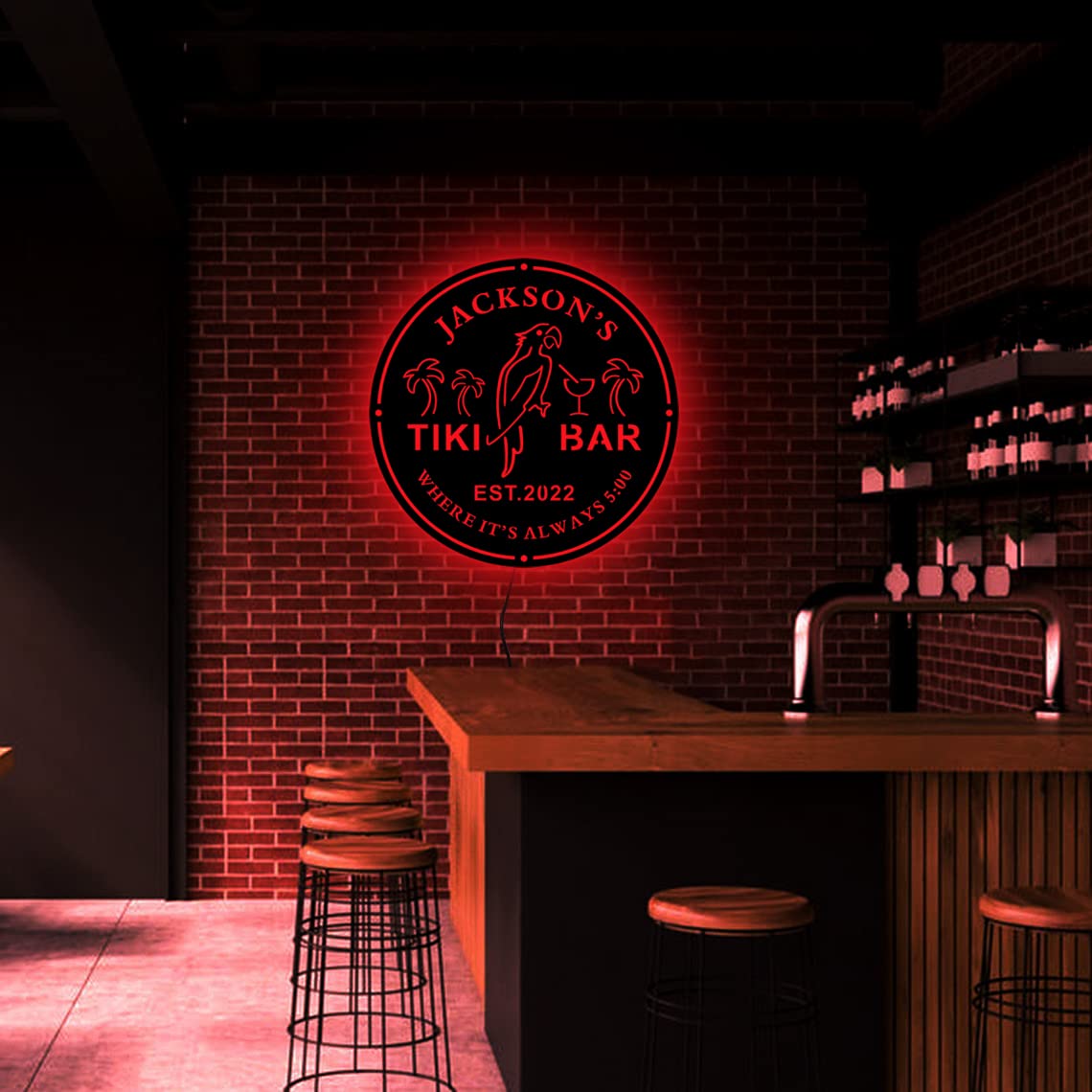 Custom Tiki Bar Neon Sign, Personalized Your Name Est Year Theme Tiki Bar Home LED Neon Sign, Housewarming Gift, Backyard Patio Sign, Kitchen Bar Coffee Garden Door Shop Man Cave Decor, Parrot souleather