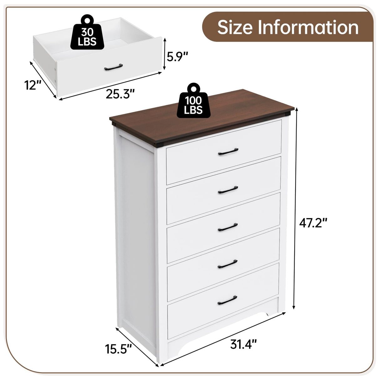 Airynee Farmhouse 5 Drawer Dresser for Bedroom, 47" Tall Chest of Drawers, Wood White Dresser with Deep Drawers, Storage Dressers Organizer for Bedroom, Living Room, Hallay, White Airynee