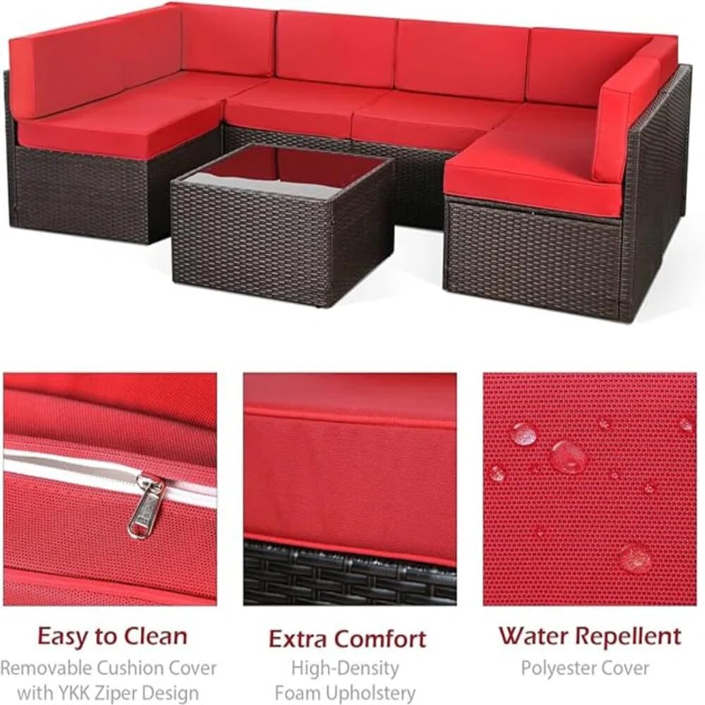 U-MAX 7 Piece Outdoor Patio Furniture Set with Extra 30 Inch Fire Pit Table, PE Rattan Wicker Sofa Set, Outdoor Sectional Furniture Chair Set with Cushions and Tea Table, Brown Rattan&Red Cushion U-MAX