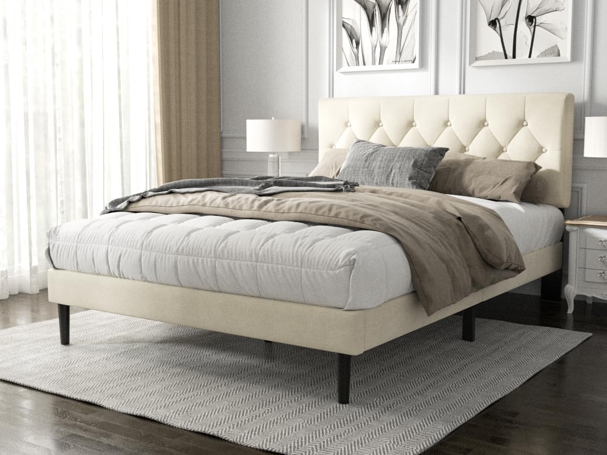 HAOARA Full Size Platform Bed Frame with Upholstered Button Tufted Headboard, Mattress Foundation with Wooden Slat Support, Noise Free, No Box Spring Needed, Easy Assembly, Beige Velvet HAOARA