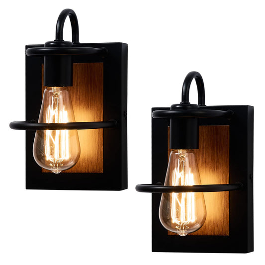 Farmhouse Wall Sconces Lamp Set of Two,Modern Industrial Wall Sconces Lighting Indoor with E26 Base Faux-Wood Color Matte Black Finish,Vintage Wall Mount Light Fixture for Bedroom Living Room - WoodArtSupply