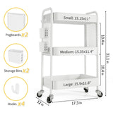 TOOLF 3 Tier Rolling Cart Storage Organizer, Metal Rolling Utility Cart with Wheels, Hooks & Bins Esthetician Craft Art Sturdy Storage with Pegboard for Bathroom, Kitchen, Office, Nursery Diaper TOOLF