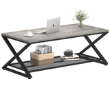 LVB Gray Coffee Table, Farmhouse Wood Metal Center Table with Storage for Living Room, Industrial Wooden 2 Tier Rectangle Cocktail Tea Table with Mesh Shelf for Office Bedroom, 47 inch, Light Grey Oak LVB