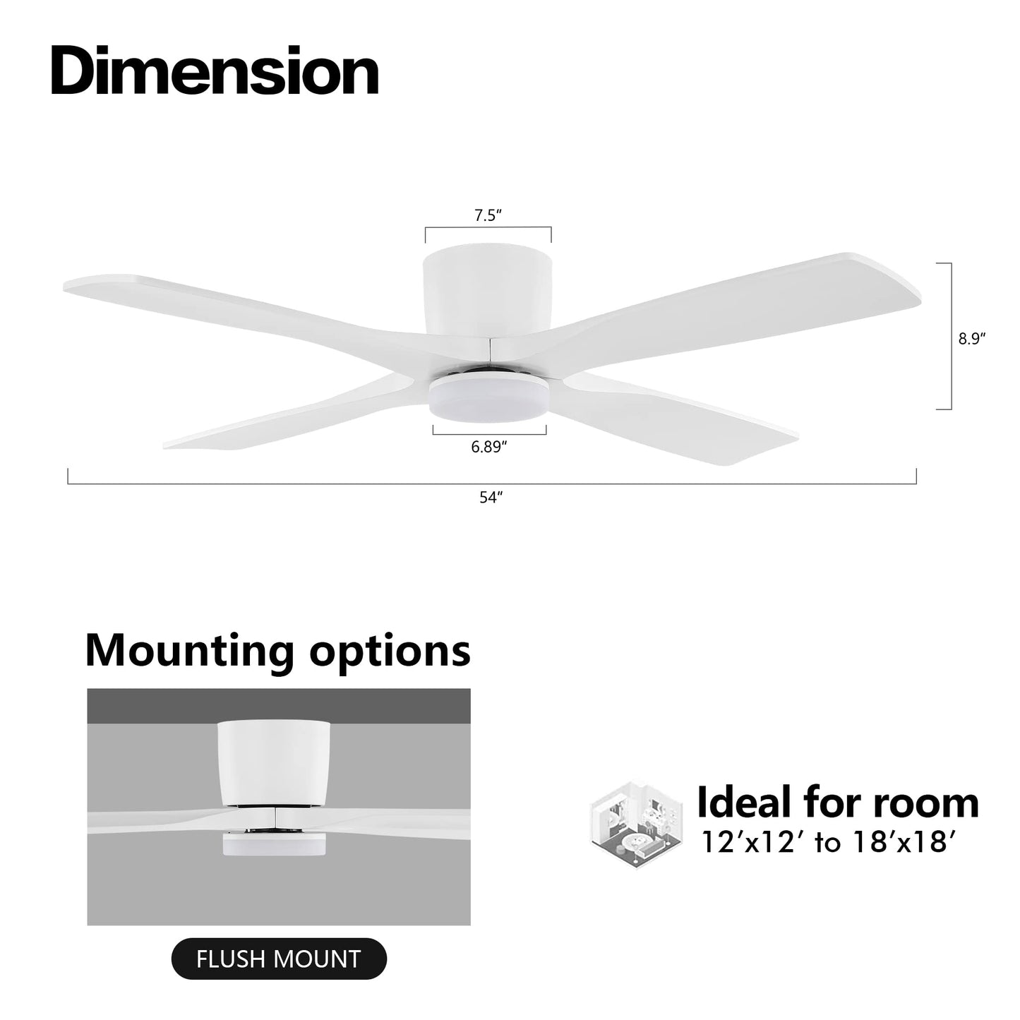 WINGBO 54 Inch Flush Mount DC Ceiling Fan with Lights and Remote, 4 Reversible Carved Wood Blades, 6-Speed Noiseless DC Motor, Hugger Ceiling Fan in Gloss White with White Blades, ETL Listed