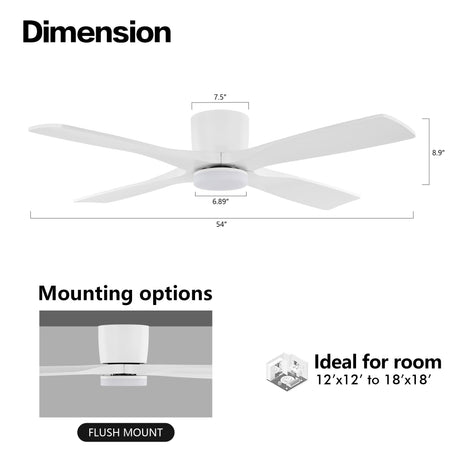 WINGBO 54 Inch Flush Mount DC Ceiling Fan with Lights and Remote, 4 Reversible Carved Wood Blades, 6-Speed Noiseless DC Motor, Hugger Ceiling Fan in Gloss White with White Blades, ETL Listed WINGBO