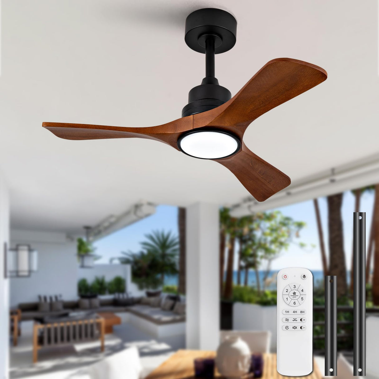 36 Inch Ceiling Fans with Lights and Remote, Black 3 Blade Wood Outdoor Ceiling Fan with Light Outdoor Ceiling Fans for Patios, Bedroom Ceiling Fan for Modern Living Room Patio Indoor Office VCQQ