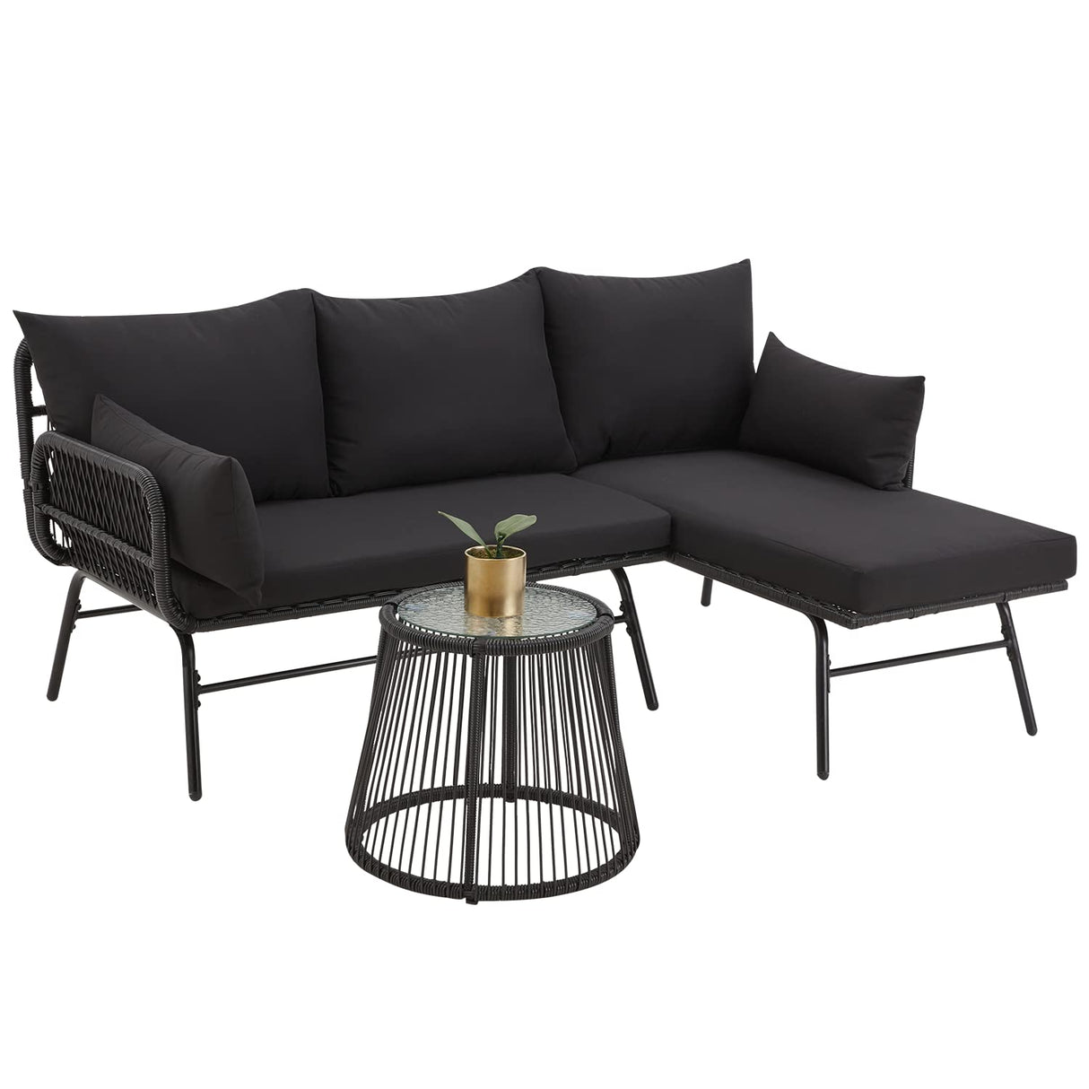EROMMY 3 Piece Patio Conversation Sets, L-Shaped Sectional Patio Furniture Sofa Set with Thick Cushions and Toughened Glass Coffee Table for Backyard Balcony Garden Porch, Black EROMMY