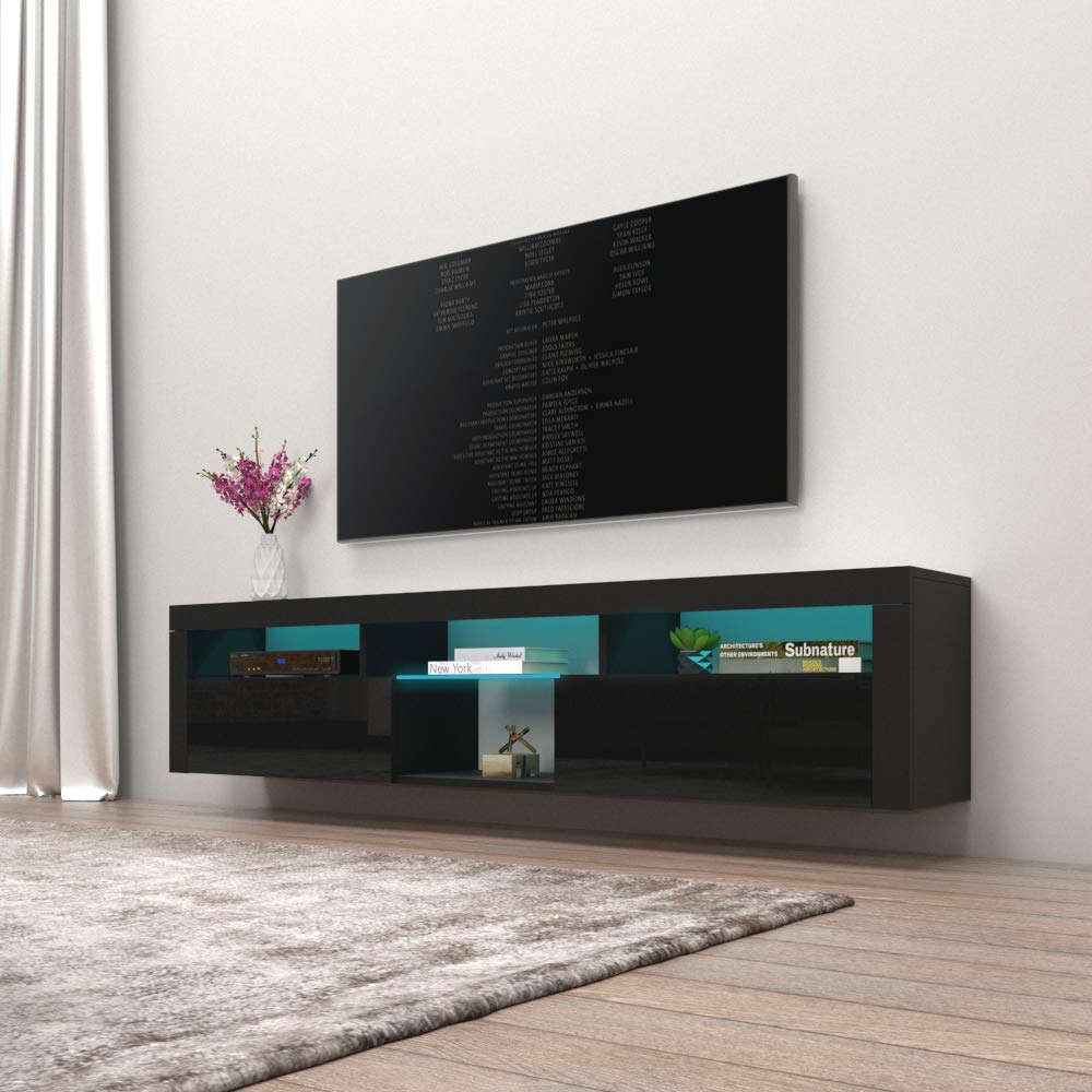 Meble Furniture Bari 200 TV Stand - Wall-Mounted Entertainment Center Console for Bedroom & Living Room TV Stand Upto 90" - Modern TV Floating Entertainment Center with Storage & LED Lights - Black MEBLE FURNITURE & RUGS