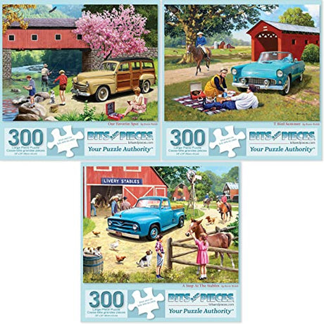 Bits and Pieces 3 Jigsaw Puzzle Set - 300 Piece Puzzles for Adults - Vintage Cars Set - 18" x 24" Jigsaw Puzzles - Summer Country - Random Die Cut Pieces No 2 are Alike Bits and Pieces