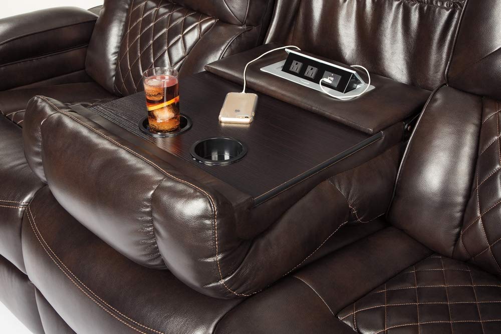 Signature Design by Ashley Warnerton Faux Leather Power Reclining Sofa with Adjustable Headrest, Brown