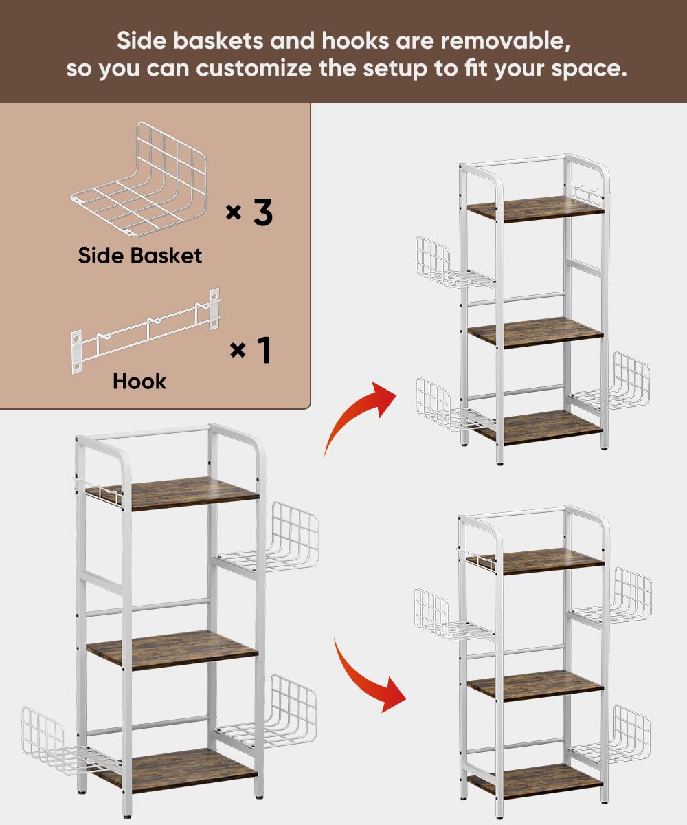 Tuohours 3-Tier Purse Organizer Rack, Iron & Wood Floor-Standing Bag Storage Holder with Adjustable Side Basket and Hook Handbag Organizers Display Stand Shelf for Closet, Bedroom, Entryway, White Tuohours