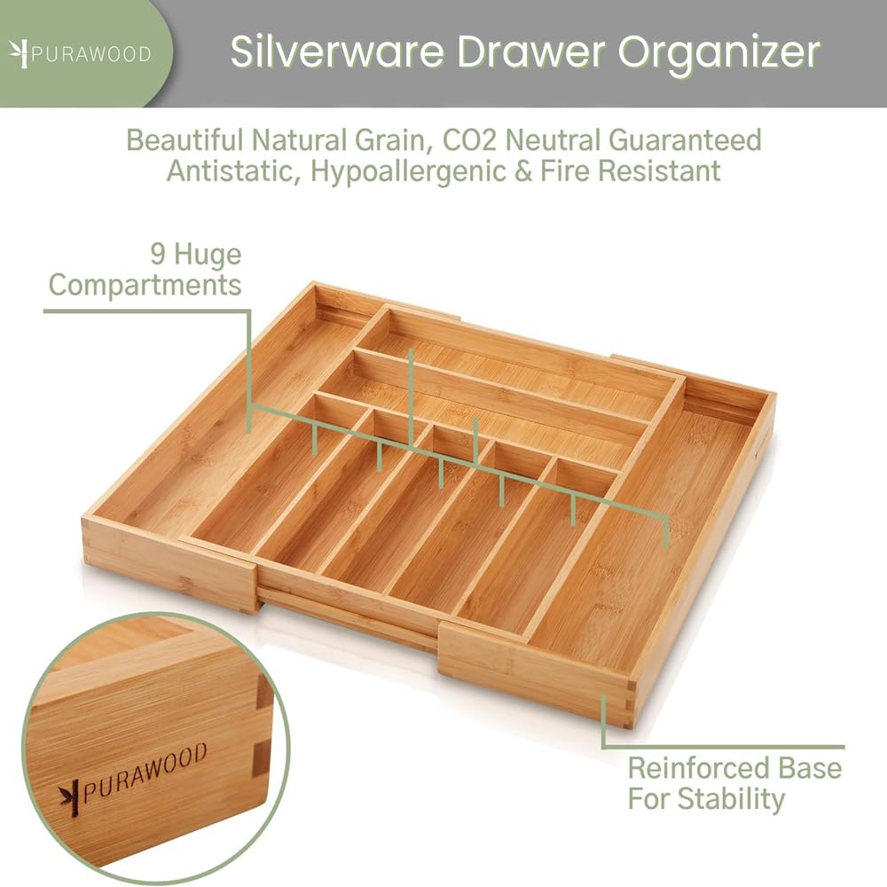 Purawood Bamboo Drawer Organizer - Expandable Silverware Organizer & Utensil Drawer Organizer, Cutlery Tray with Dividers, 7-9 Slots- Premium Kitchen Drawer Organizer for Utensils & Flatware (Natural) Purawood