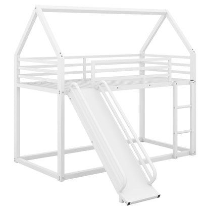 UOCFYK Twin Over Twin Bunk Bed with Slide for Kids, Metal Bunk Bed Frame with Roof Design and Full-Length Guardrail, Ladder, House Bed for Boys and Girls, No Box Spring Needed, White