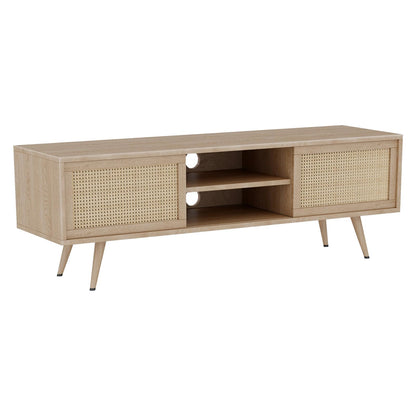 Theokleia TV Stand for 55 Inch TV, Mid Century Modern TV Stand Entertainment Center Rattan Media Console Table with Sliding Open Storage Cord Holes for Living Room Bedroom - WoodArtSupply