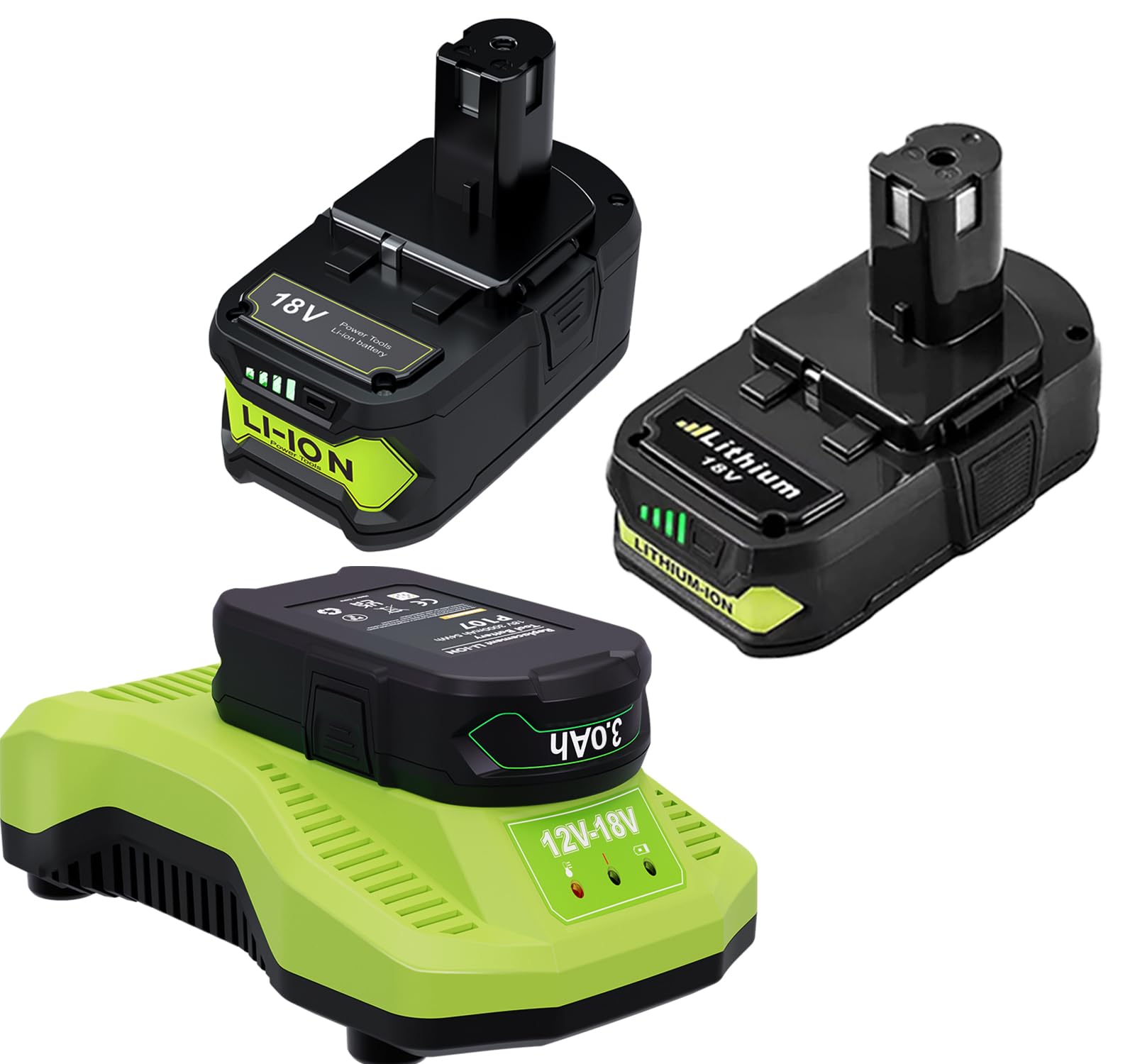 2Pack 18V Battery and Charger for Ryobi Lithium-ion 3.0Ah+6.0Ah P102 Battery Replacement and P117 Charger Compatible with Ryobi 18Volt ONE+ Plus P102 P107 P108 P189 Battery and 260051002 P118 - WoodArtSupply