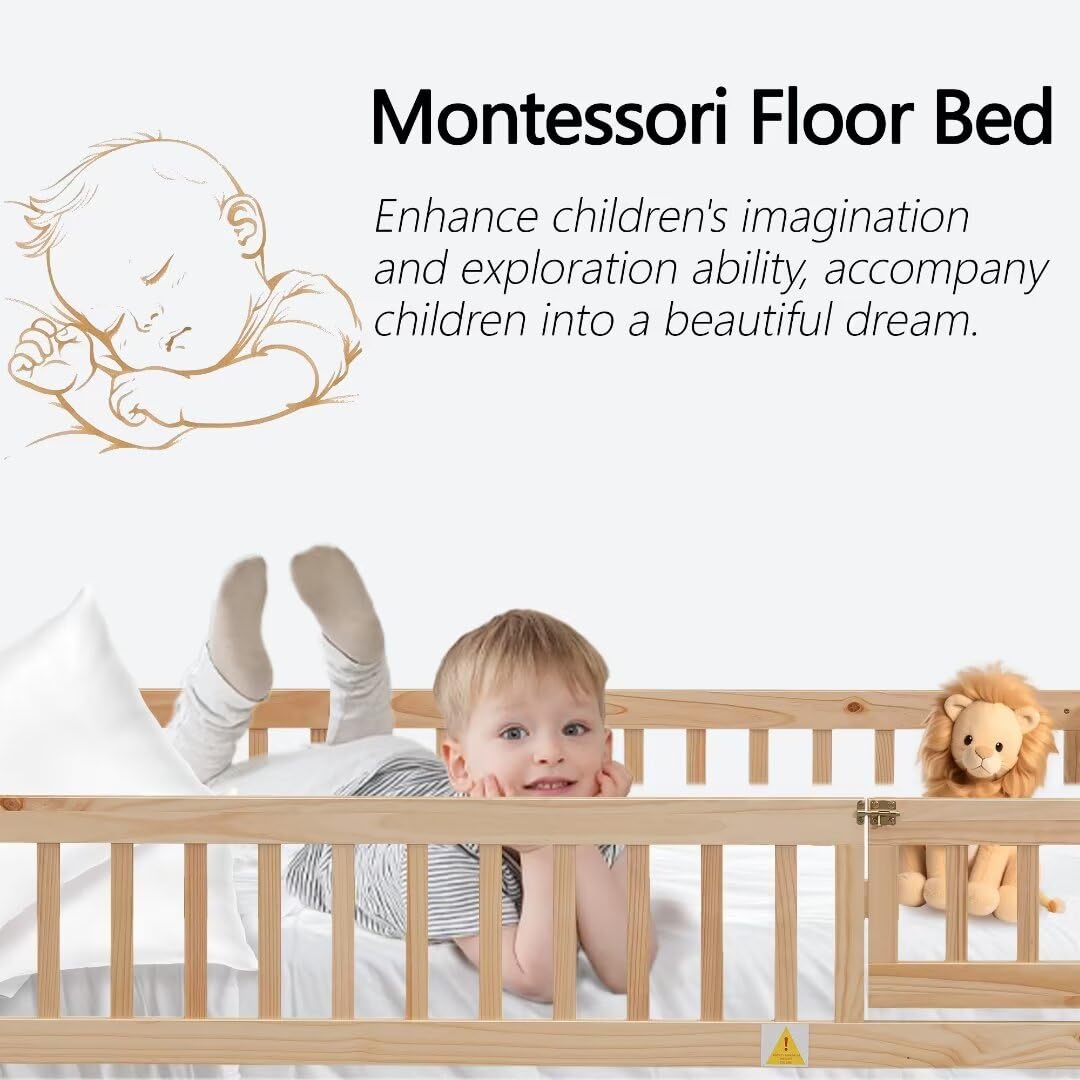 TURRIDU Full Size Montessori House-Shaped Floor Bed with Fence and Door in Natural Wood TURRIDU