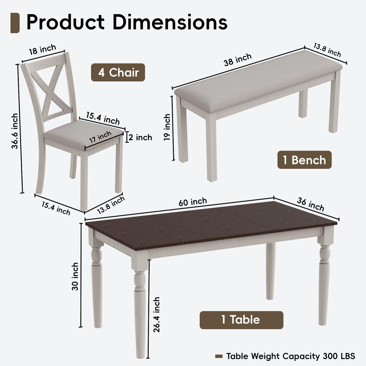 HOPETANA 6-Piece Dining Room Set - Rectangular Solid Elm Wood Table with Bench & Upholstered Chairs, White/Brown HOPETANA