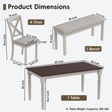 HOPETANA 6-Piece Dining Room Set - Rectangular Solid Elm Wood Table with Bench & Upholstered Chairs, White/Brown HOPETANA