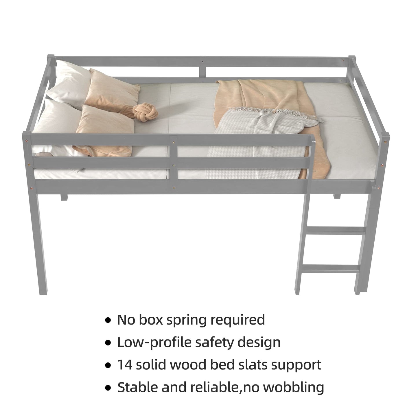 LoLado Twin Loft Bed - Grey Solid Wood Bed Frame with Guard Rails and Built-In Ladder for Kids - WoodArtSupply