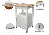 eHemco Kitchen Island Cart on Wheels with Drawer, Storage Cabinet, Shelf and Natural Solid Hardwood Top, White Base eHemco