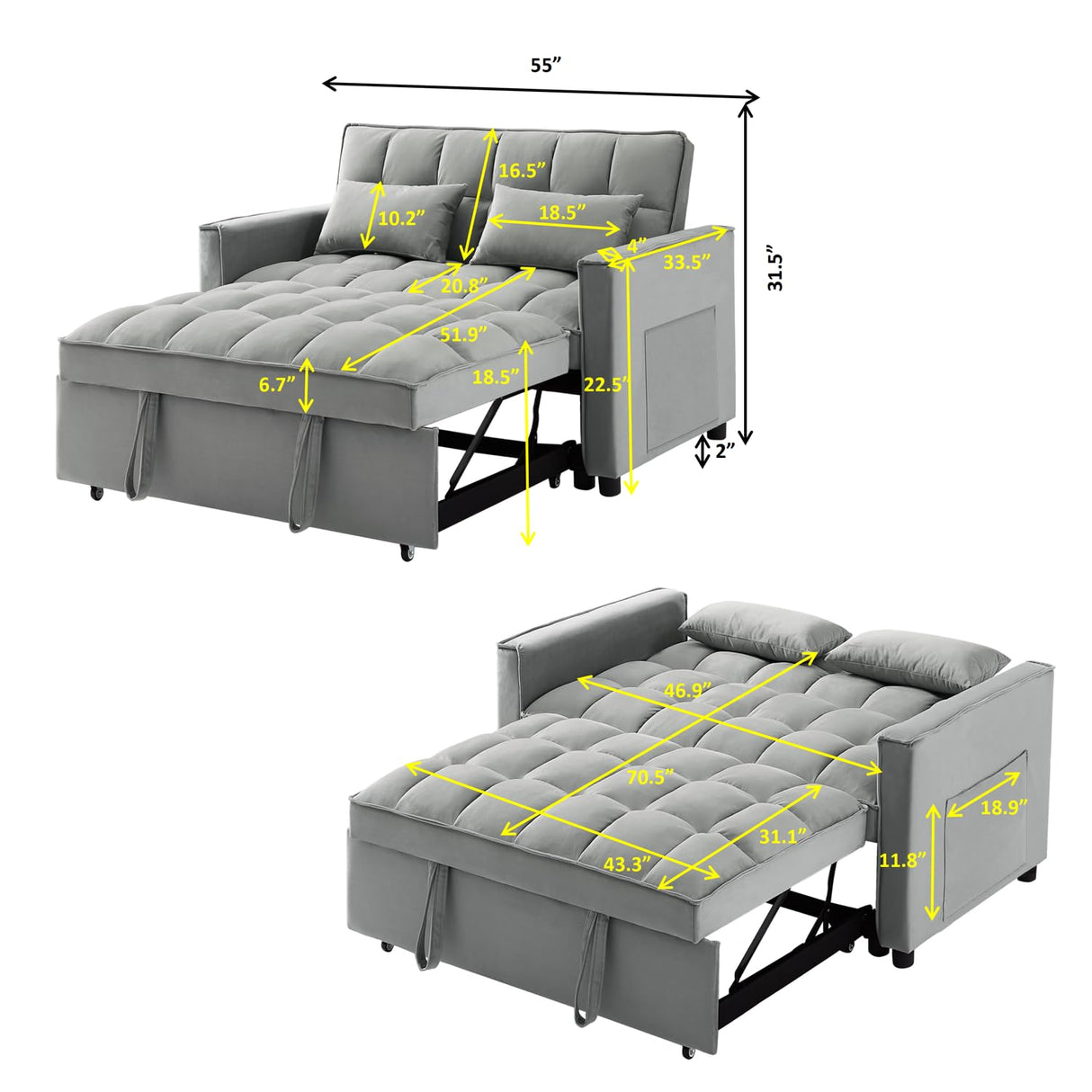 Alberobelo Convertible Sleeper Sofa Bed, Modern Chenille 3-in-1 Futon Couch Pullout Bed with Adjustable Backrest, Storage Pockets and Toss Pillows, Sofa Bed Couch for Living Room, Bedroom, Gray Alberobelo