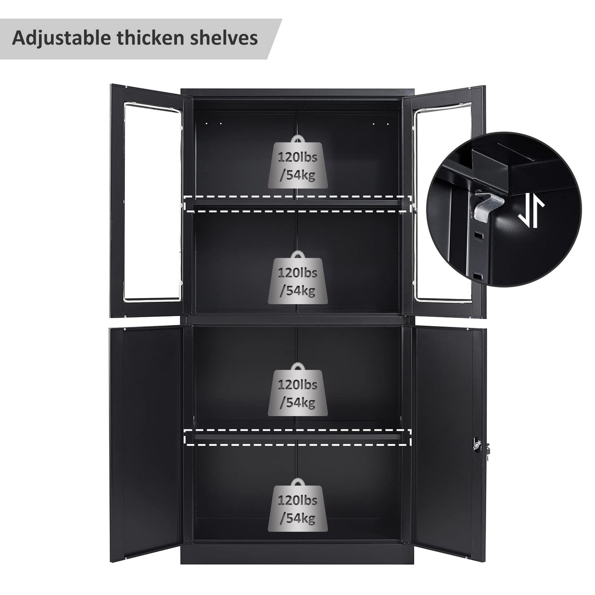 SISESOL Display Cabinet with Glass Doors and Lock,Black Metal Storage Cabinet,Freestanding Locking Kitchen Pantry Cabinets with Doors and Shelves for Home Office,Pantry,Kitchen Bathroom SISESOL