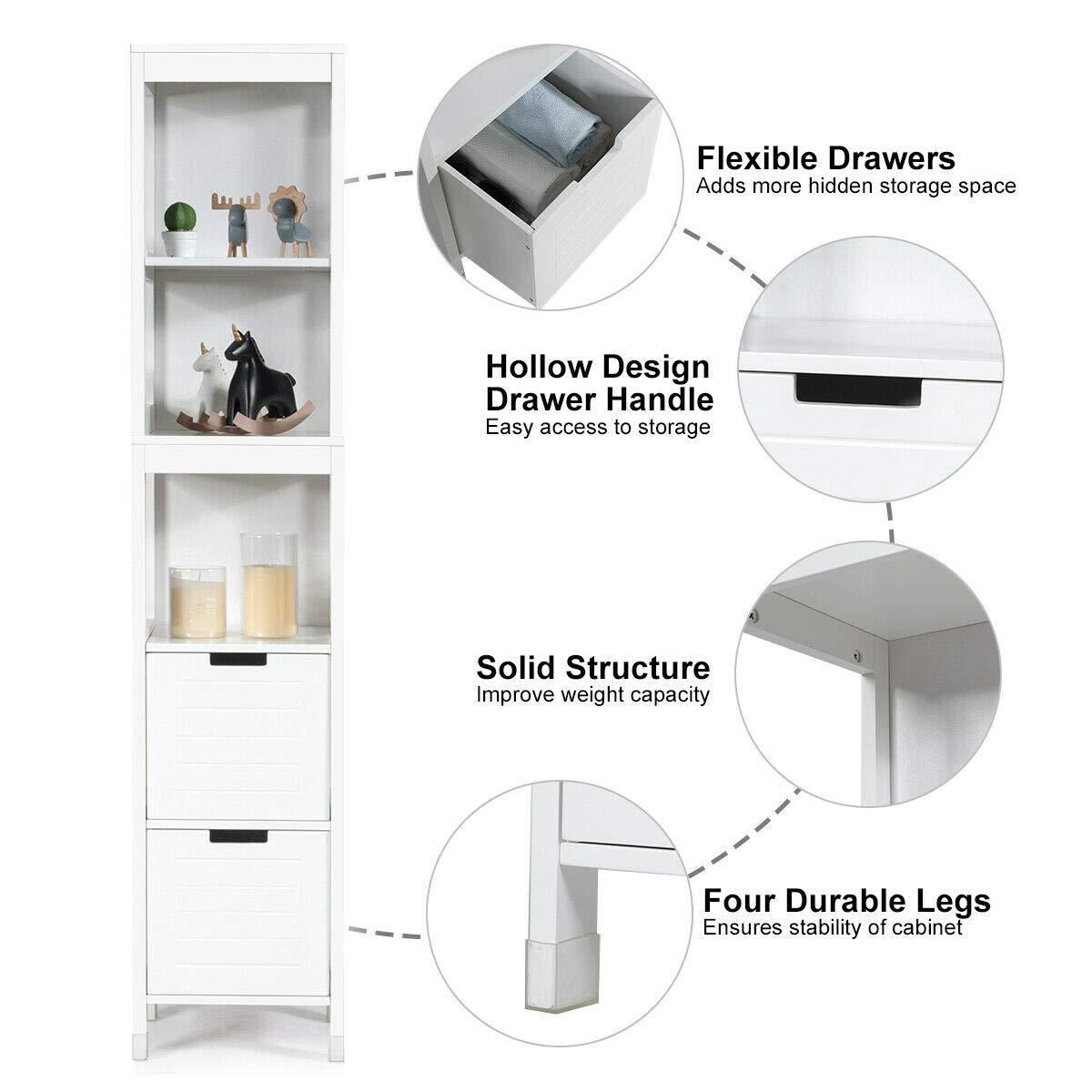 Tangkula White Multifunctional Tall Bathroom Storage Cabinet with 3 Shelves and 2 Drawers Tangkula