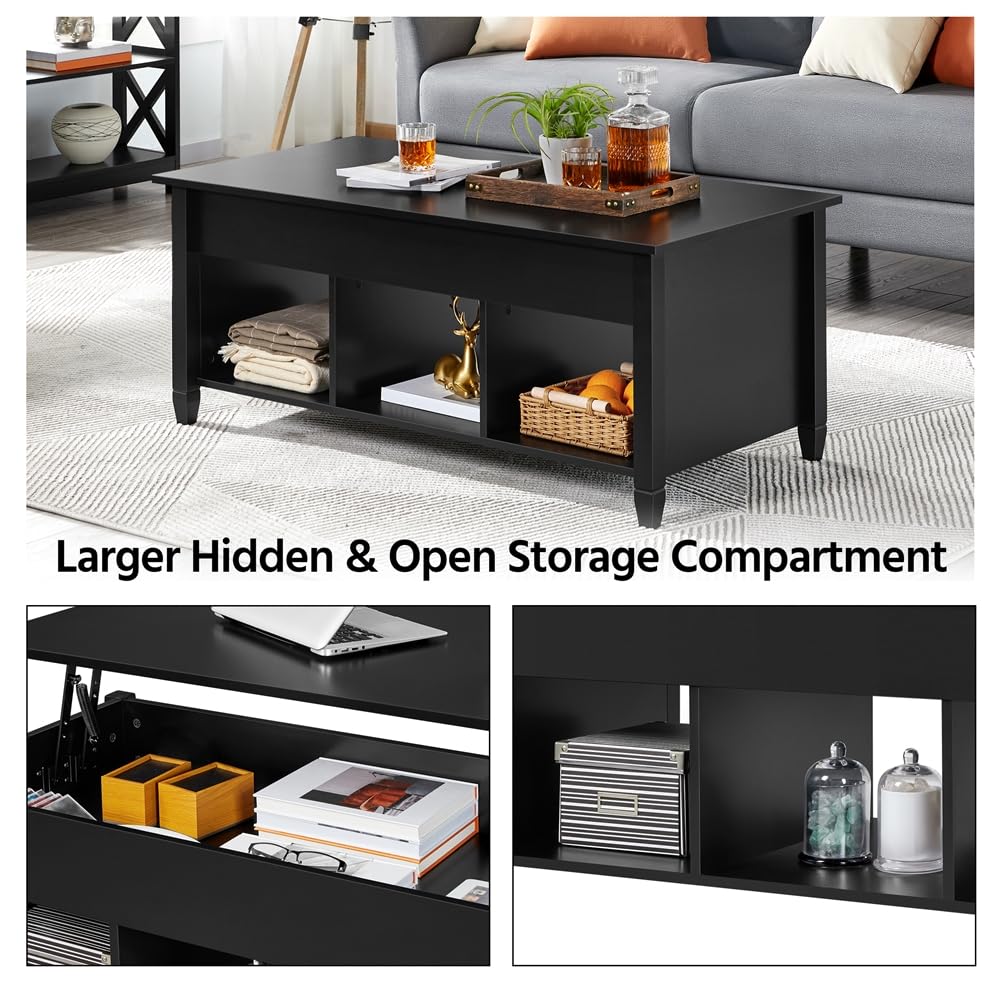 Yaheetech Black Coffee Table, 47.5in Lift Top Coffee Table, Lift Up Center Table w/Hidden Compartment & 3 Cube Open Shelves for Living Room Yaheetech