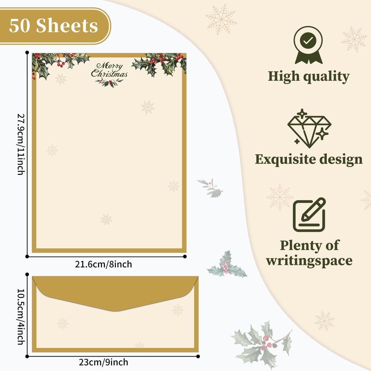 Lonfliness 50 Sets Vintage Christmas Holly Letterhead with Envelopes Christmas Border Computer Stationery paper for Note Letters to Santa Holiday Printer Paper Invitations Office School 8.5 x 11 In Lonfliness
