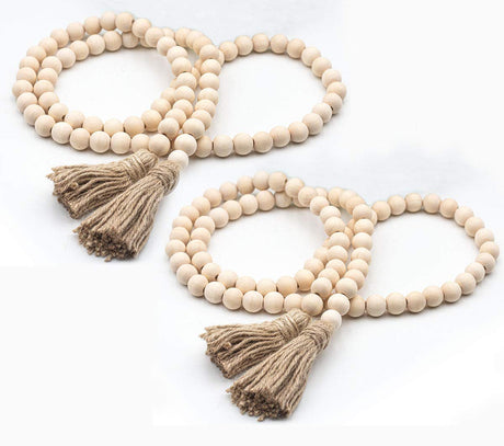 LSKYTOP 58 Inches Wood Bead Garland,Wooden Beads with Tassel,Farmhouse Beads Rustic Prayer Beads Boho Beads for Farmhouse Tiered Tray Coffee Table Mantel Decor (2 Pack) LSKYTOP