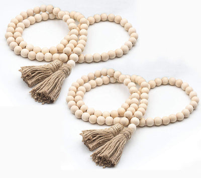 LSKYTOP 58 Inches Wood Bead Garland,Wooden Beads with Tassel,Farmhouse Beads Rustic Prayer Beads Boho Beads for Farmhouse Tiered Tray Coffee Table Mantel Decor (2 Pack)