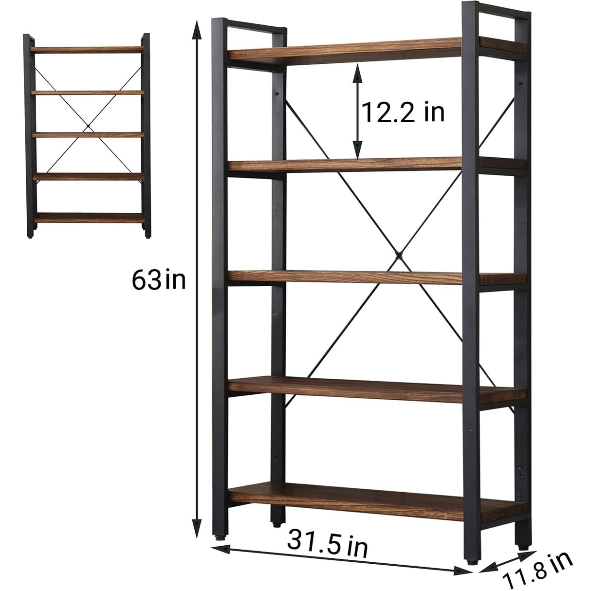 WH-AOERPUMY 5 Tier Bookcase, Solid Wood Bookshelf Rustic Vintage Industrial Etagere Bookcase, Metal and Wood Free Vintage Bookshelf, Retro Brown (Real Wood) (5-Tiers) WH-AOERPUMY