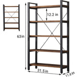 WH-AOERPUMY 5 Tier Bookcase, Solid Wood Bookshelf Rustic Vintage Industrial Etagere Bookcase, Metal and Wood Free Vintage Bookshelf, Retro Brown (Real Wood) (5-Tiers) WH-AOERPUMY