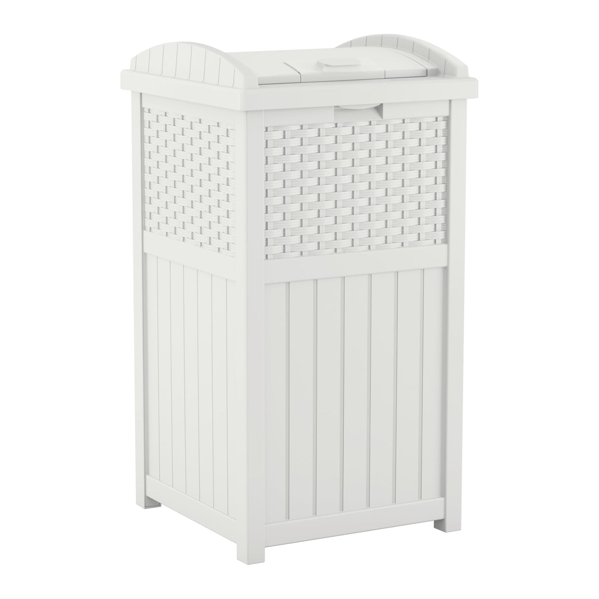 Suncast 33 Gallon Durable Plastic Hideaway Outdoor Garbage Can Trash Bin with Lid and Wicker Design for Backyard, Deck, or Patio, White Suncast
