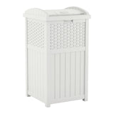 Suncast 33 Gallon Durable Plastic Hideaway Outdoor Garbage Can Trash Bin with Lid and Wicker Design for Backyard, Deck, or Patio, White Suncast