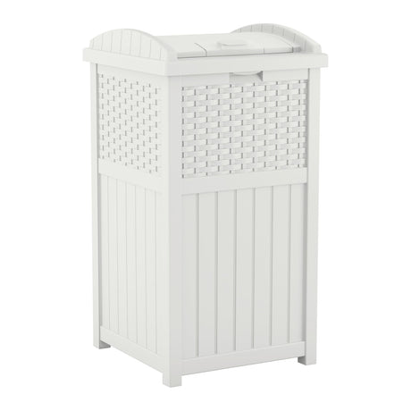 Suncast 33 Gallon Durable Plastic Hideaway Outdoor Garbage Can Trash Bin with Lid and Wicker Design for Backyard, Deck, or Patio, White Suncast