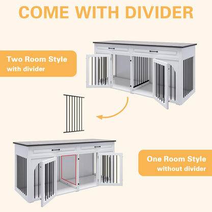 EBE Dog Crate Furniture, 74.8''Wooden Dog Crate with 2 Drawers and Removable Divider, Dog Kennel Indoor Furniture with Double Rooms, Heavy Duty Dog Crate Table Indoor TV Stand for Large Mediu - WoodArtSupply