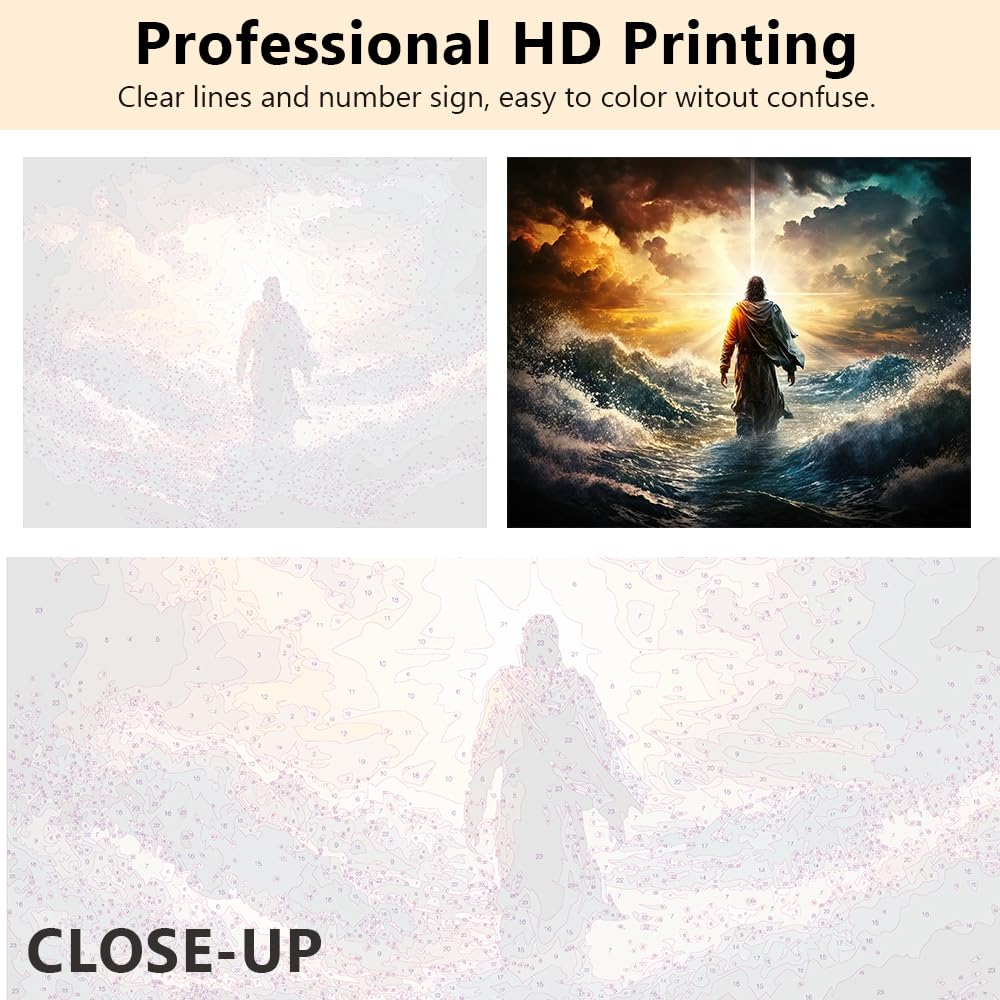 TUMOVO Jesus Paint by Numbers Kit, Figure of Jesus Walks on Water on Beautiful Sunset Paint by Numbers for Adults Kids with Brushes and Pigment, Oil Painting for Wall Decor, 16x20 Inch TUMOVO