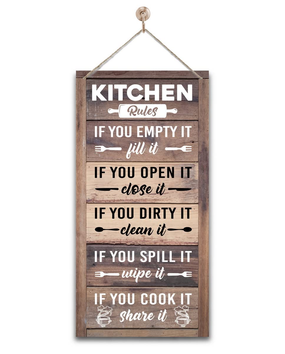 Hanging Kitchen Rules Wood Decor Sign, Rustic Kitchen Wooden Signs, Printed Wood Wall Art Sign, Kitchen Door Rules Rustic Sign, Hanging Wood Sign Kitchen Decor, Funny Farmhouse Kitchen Wall Décor