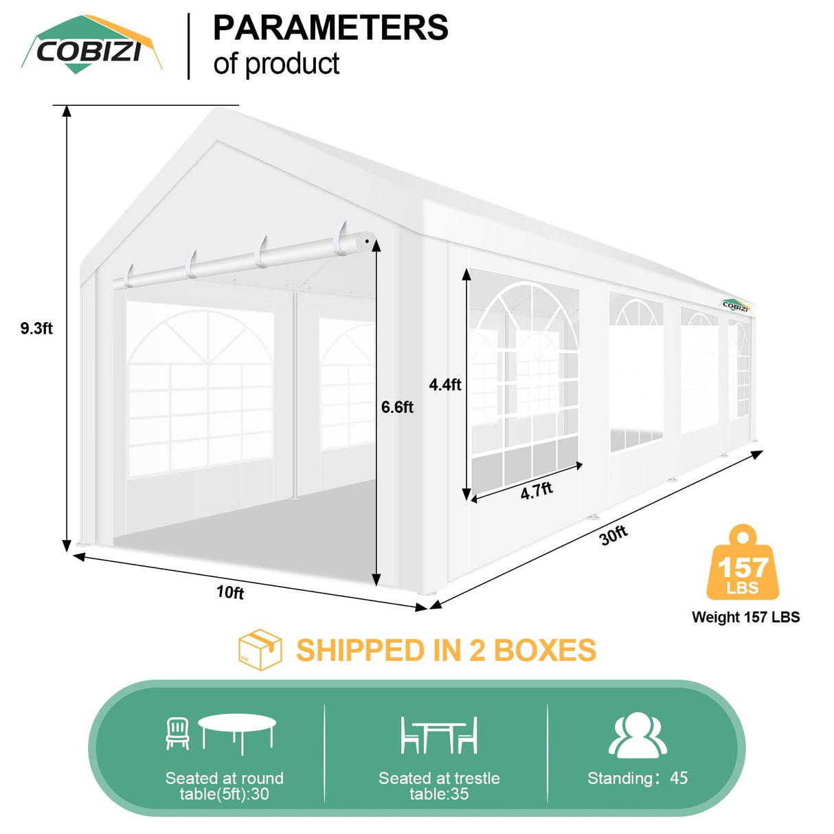 COBIZI 10x30FT Party Tent Heavy Duty White Event Shelter Outdoor Wedding Gazebo Canopy Tent for Parties Carport BBQ Commercial with Removable Sidewall Windows, Powder Coating (Better Than Galvanized) COBIZI