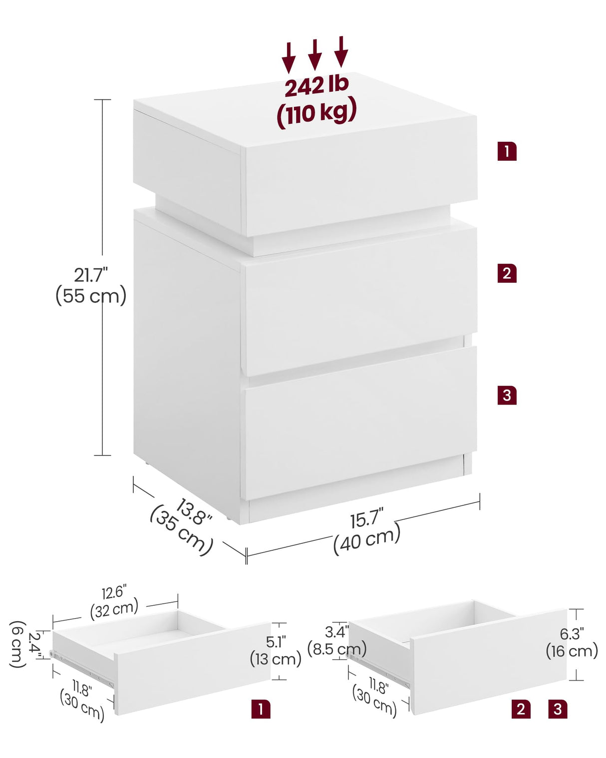 VASAGLE Nightstands with LED Lights, Set of 2, Adjustable Light Colors, Bedside Tables, Side Tables with 3 Drawers, Modern Style, 13.8 x 15.7 x 21.7 Inches, Cloud White ULET799T12 VASAGLE