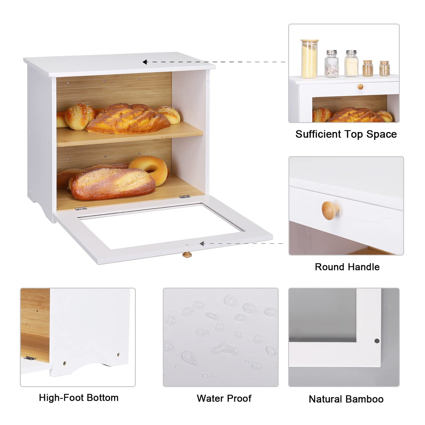 HOMEKOKO Bamboo Double Layer Regular Bread Box, Natural Bamboo Bread Boxes for Kitchen Counter, Bamboo Capacity Food Storage (White)