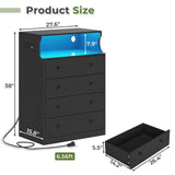 Hasuit Black Dresser with Charging Station, 4 Drawers LED Dresser for Bedroom, Chest of Drawers with Open Space, Large Capacity Tall Storage Cabinet, Black Dresser for Bedroom Hasuit