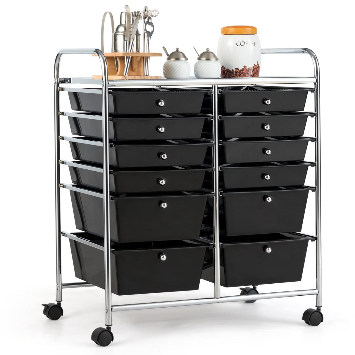 COSTWAY 12-Drawer Rolling Storage Cart, Moveable Art Craft Organizer W/Lockable Wheels, Metal Shelf, Files Arrangement Tools Makeup Storage Cart for Office, Home, School (Black) COSTWAY