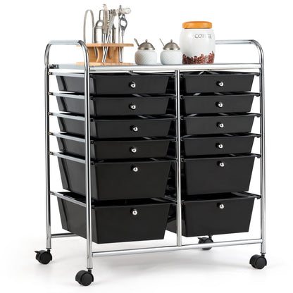 COSTWAY 12-Drawer Rolling Storage Cart, Moveable Art Craft Organizer W/Lockable Wheels, Metal Shelf, Files Arrangement Tools Makeup Storage Cart for Office, Home, School (Black) - WoodArtSupply