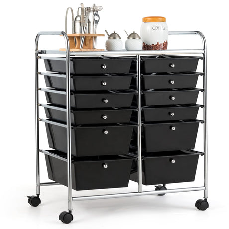 COSTWAY 12-Drawer Rolling Storage Cart, Moveable Art Craft Organizer W/Lockable Wheels, Metal Shelf, Files Arrangement Tools Makeup Storage Cart for Office, Home, School (Black) COSTWAY