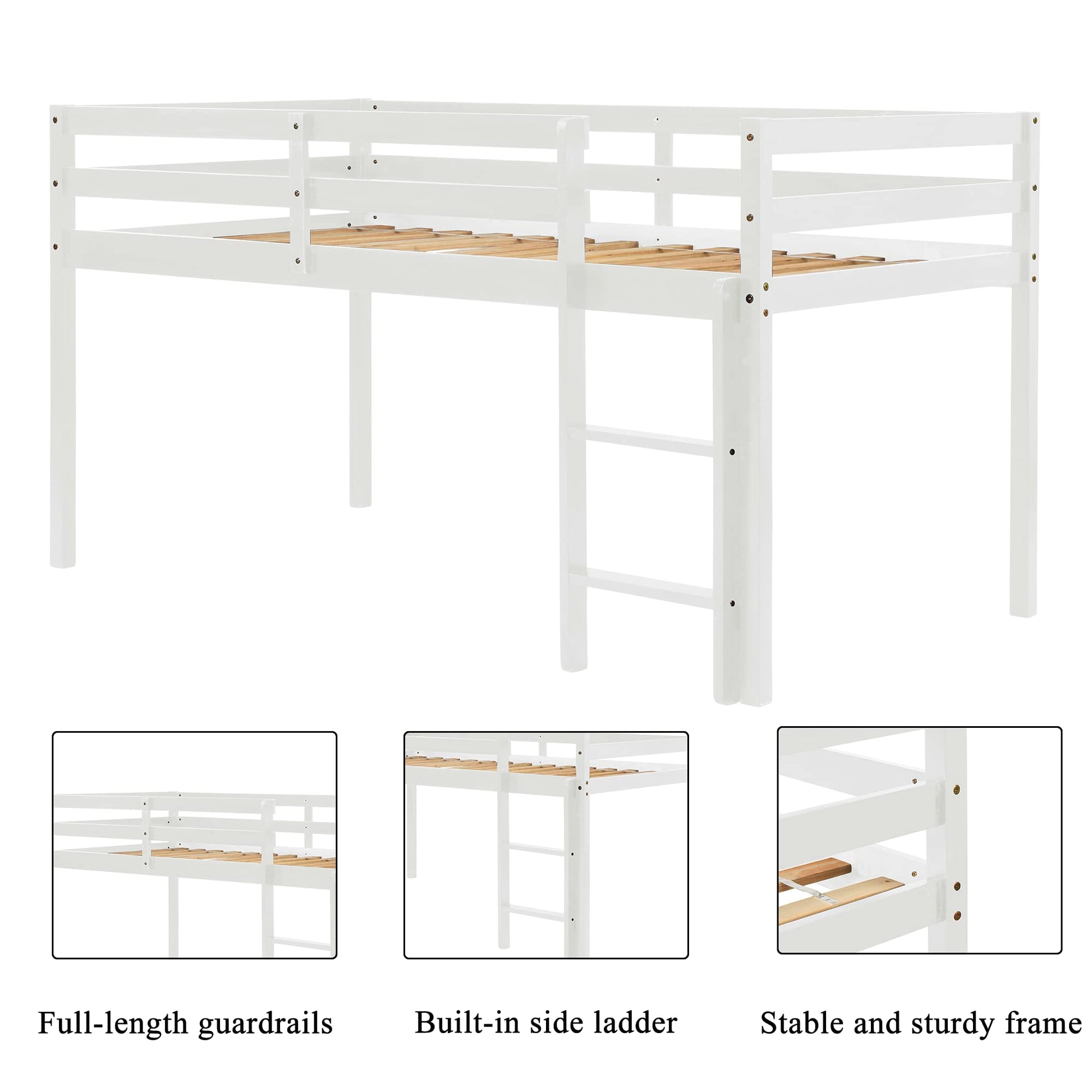 LoLado Twin Low Loft Bed for Kids with Ladder and Guard Rails - Sturdy Solid Wood Frame in White - WoodArtSupply