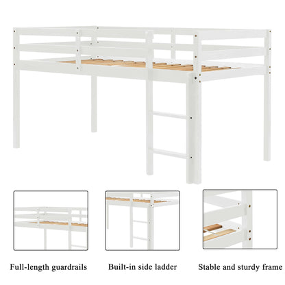 LoLado Twin Low Loft Bed for Kids with Ladder and Guard Rails - Sturdy Solid Wood Frame in White - WoodArtSupply