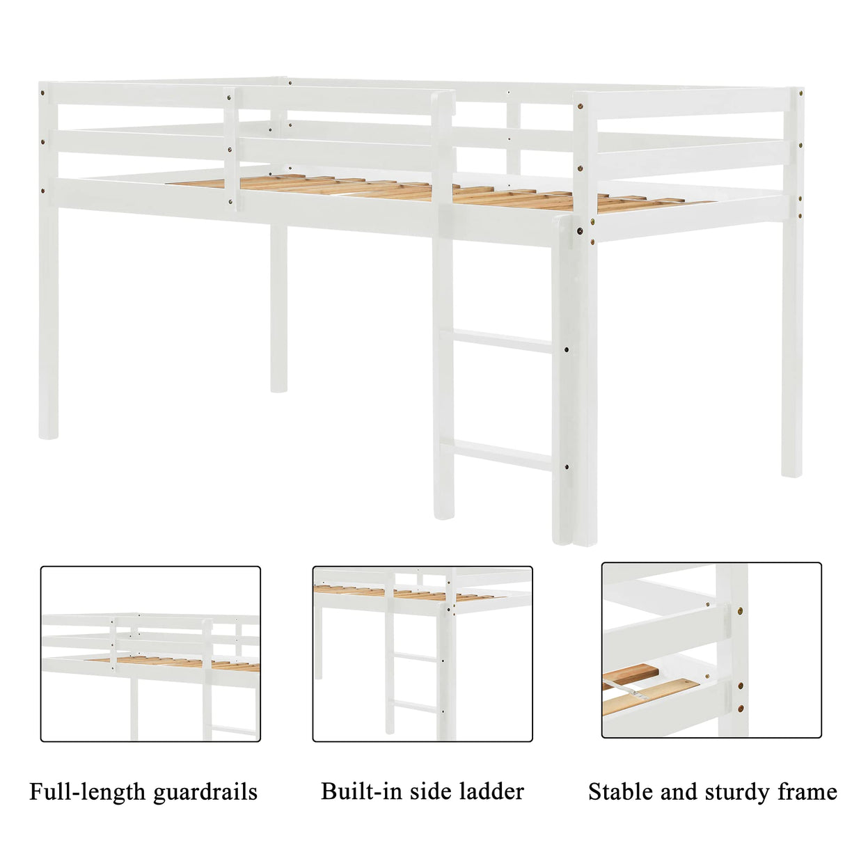 LoLado Twin Low Loft Bed Frame for Kids with Ladders and Guard Rails, Solid Wood Design in White LoLado